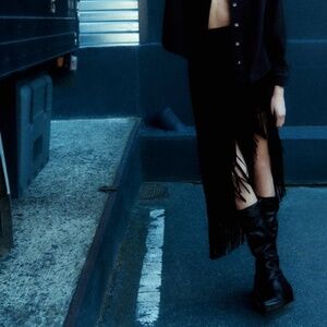 COPY - NWT, ZARA FAUX SUEDE FRINGED SKIRT, M